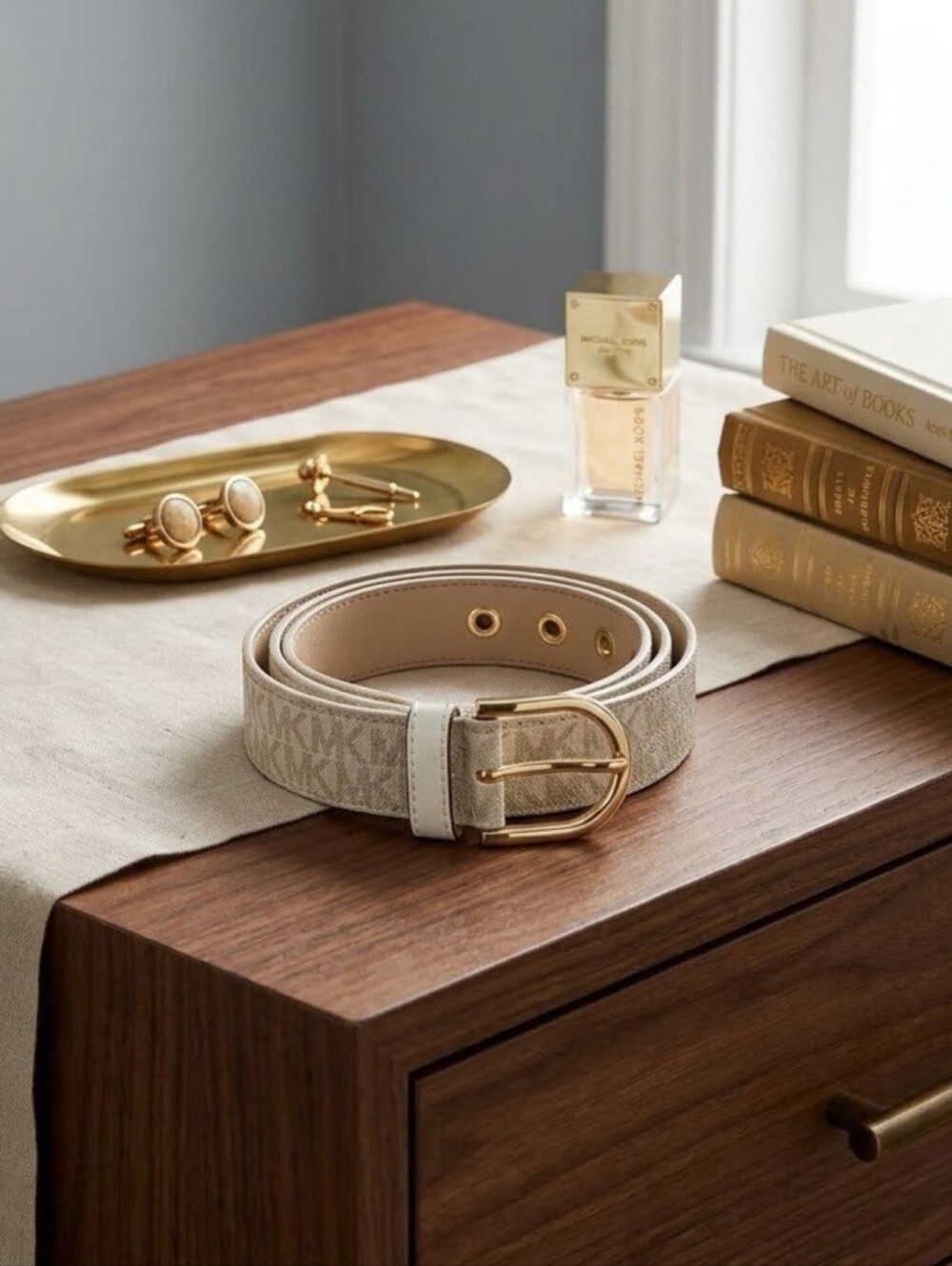 Michael Kors Beige Signature Logo Belt with White Trim and Gold Buckle